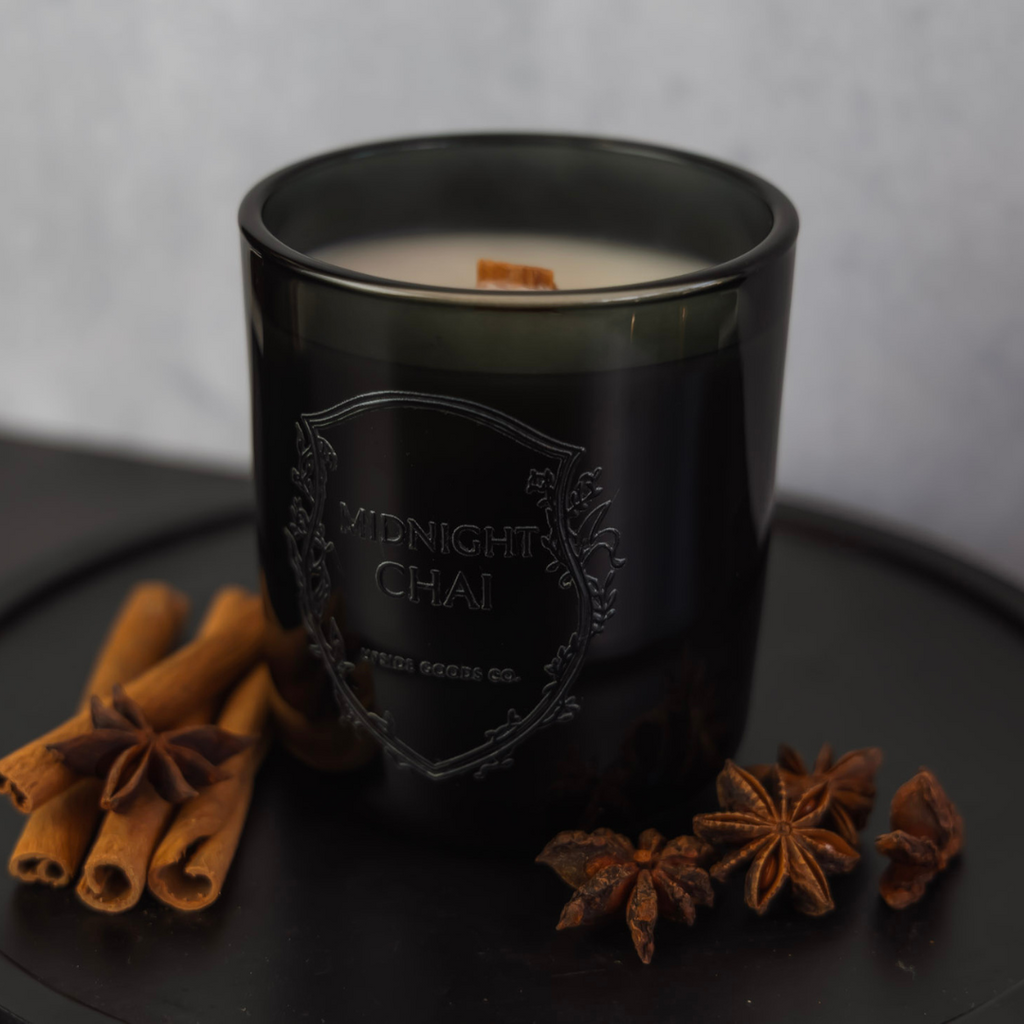 Midnight Chai limited edition Halloween candle in Pumpkin Chai Latte scent at Upside Goods Co. Black candle with Die cut label 