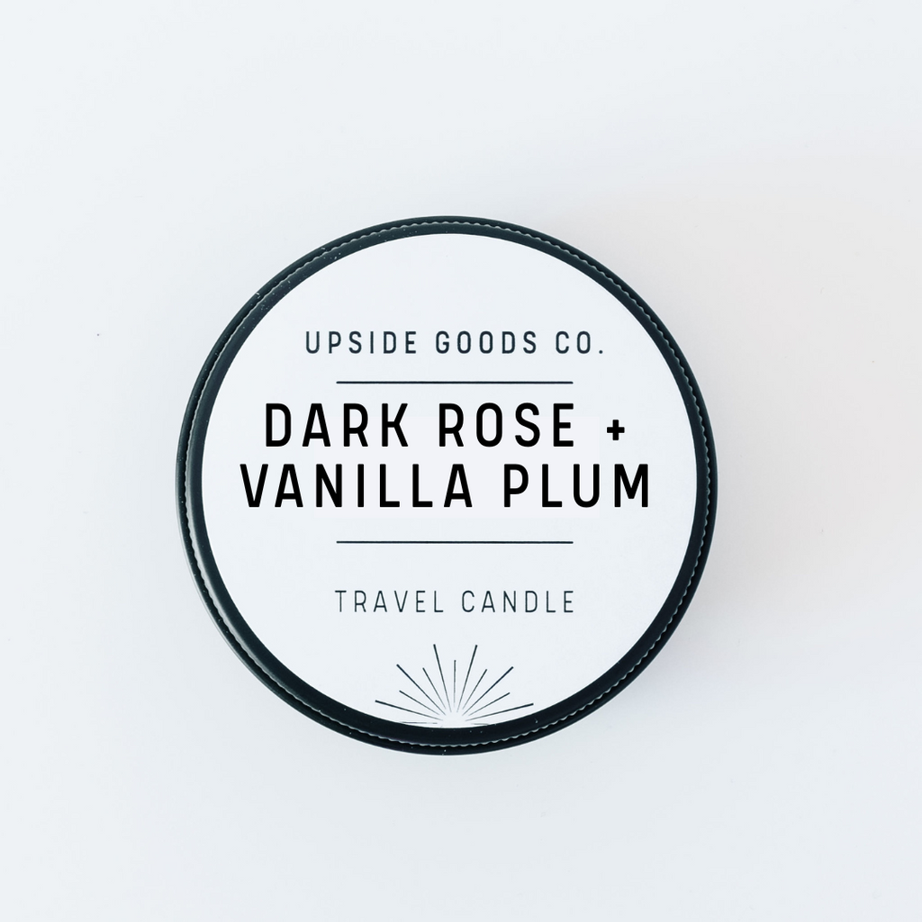 Dark Rose + Vanilla Plum 2 oz black travel candle