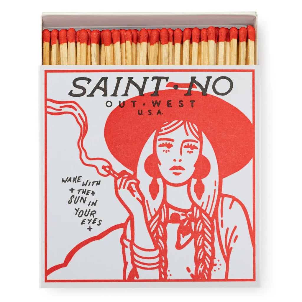 Matches with a design of a woman in a red hat and text on the packaging.